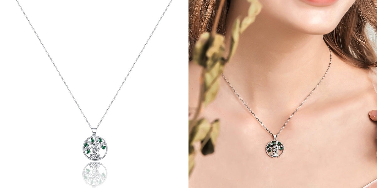 Silver green crystal tree of life necklace