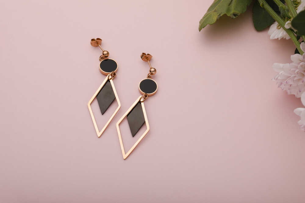 black gold diamond geometric earrings