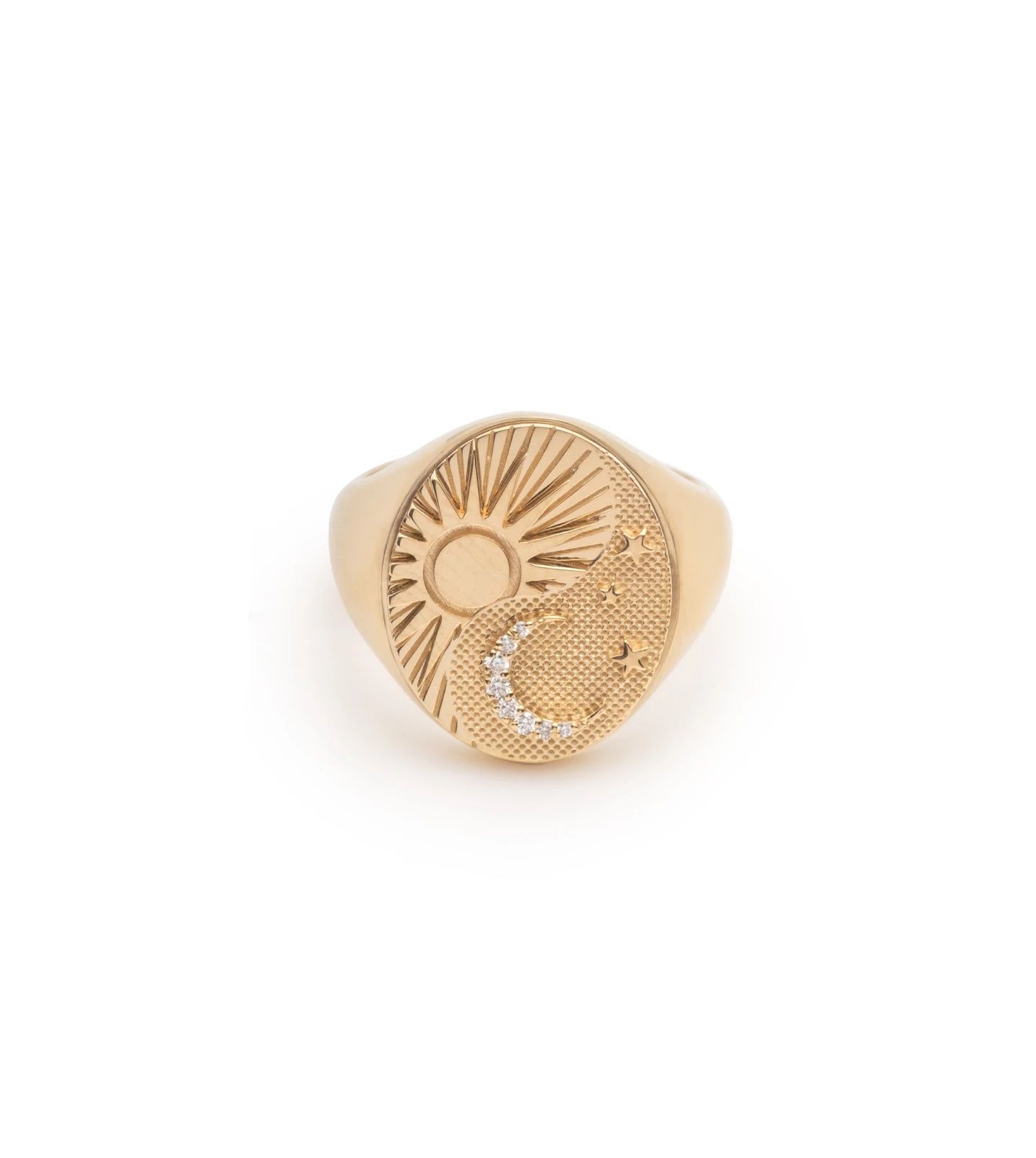 gold signet ring with astrological designs by Foundrae