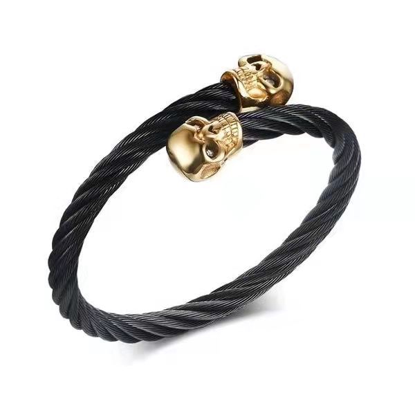 BXGSZ-0013A Hip-hop Black Gold IP Satcking Big Skull Chunky Stainless Steel Steel Wire Bracelet Cuff