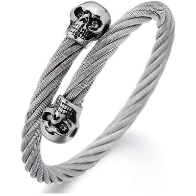 BXGSZ-0013D Hip-hop Black Gold IP Stacking Big Skull Chunky Stainless Steel Steel Wire Bracelet Cuff