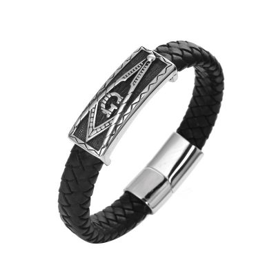 PSSZ-0001 Stainless Steel Masonic Logo leather bracelet