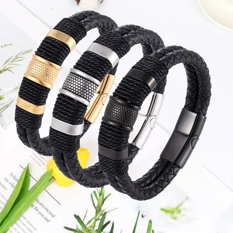 PSSZ-0002AB Stainless Steel Commercial Leather Rope Braided Bracelet