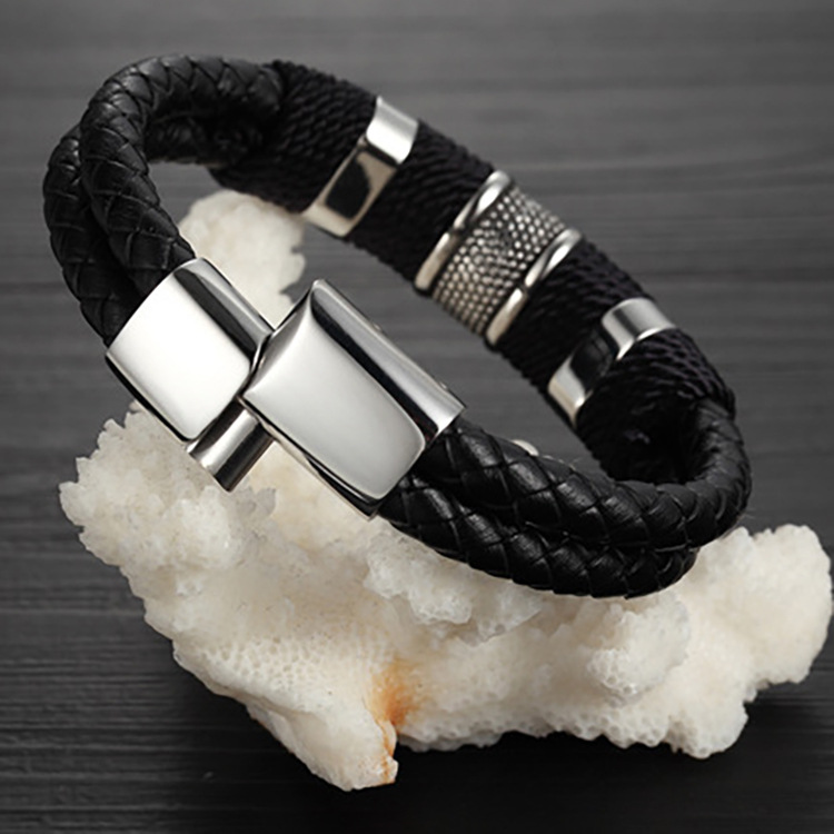 PSSZ-0002B Stainless Steel Commercial Leather Rope Braided Bracelet