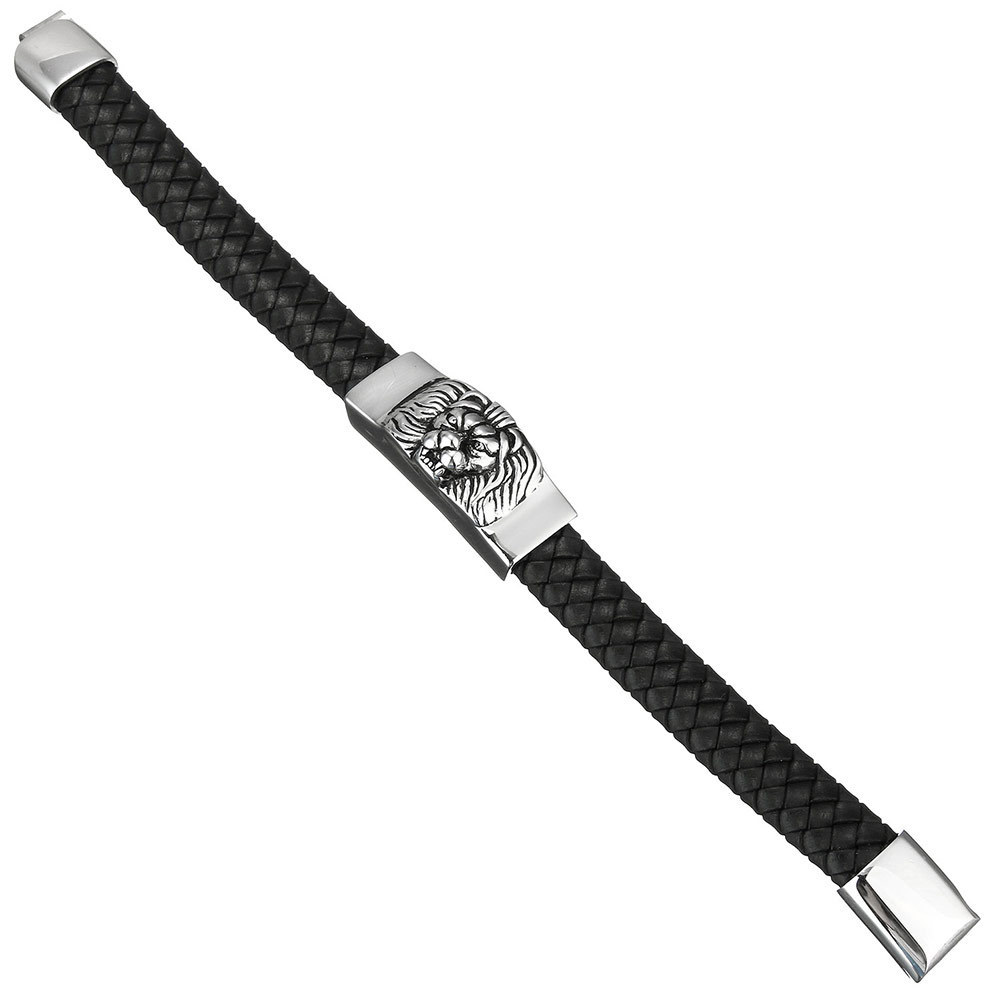 PSSZ-0006B Constellation Theme Gold IP Stainless Steel Lion Black Leather Bracelet 