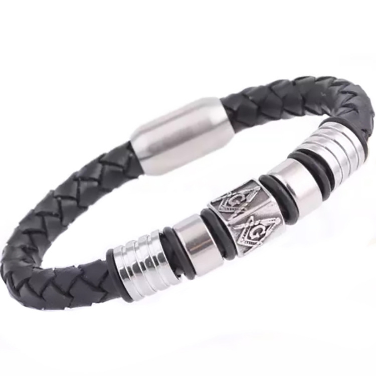 PSSZ-0007A Stainless Steel Masonic Logo Black Round Leather bracelet 