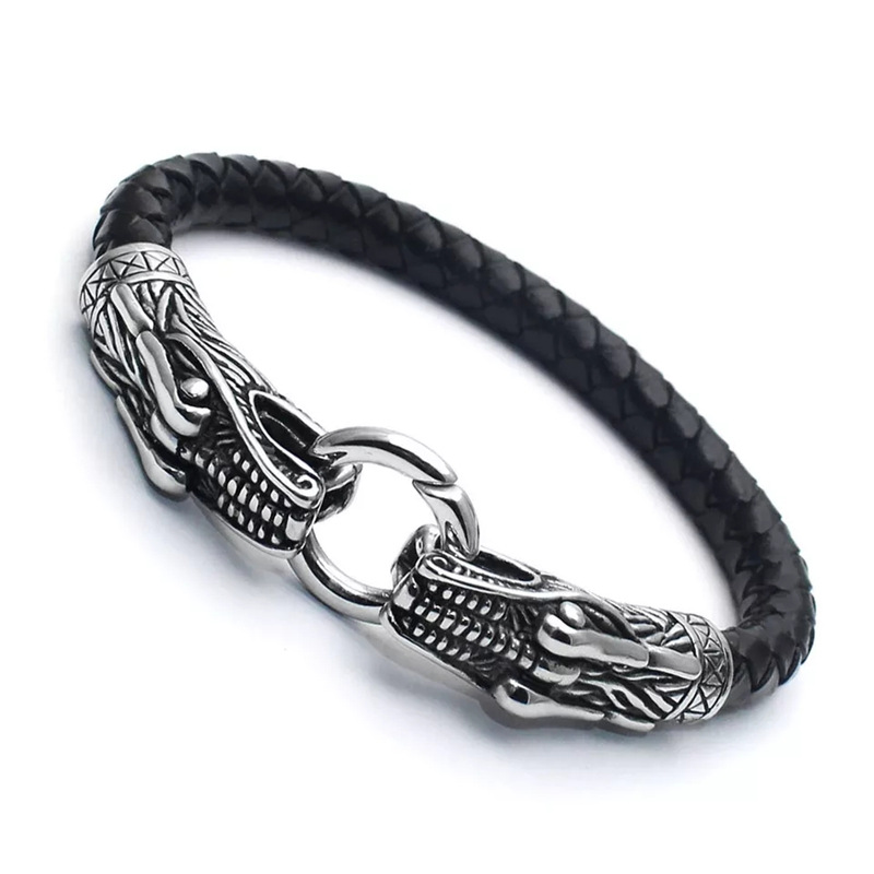 PSSZ-0008A Two Dragons Frolicking With A Ring Black Leather Bracelet 