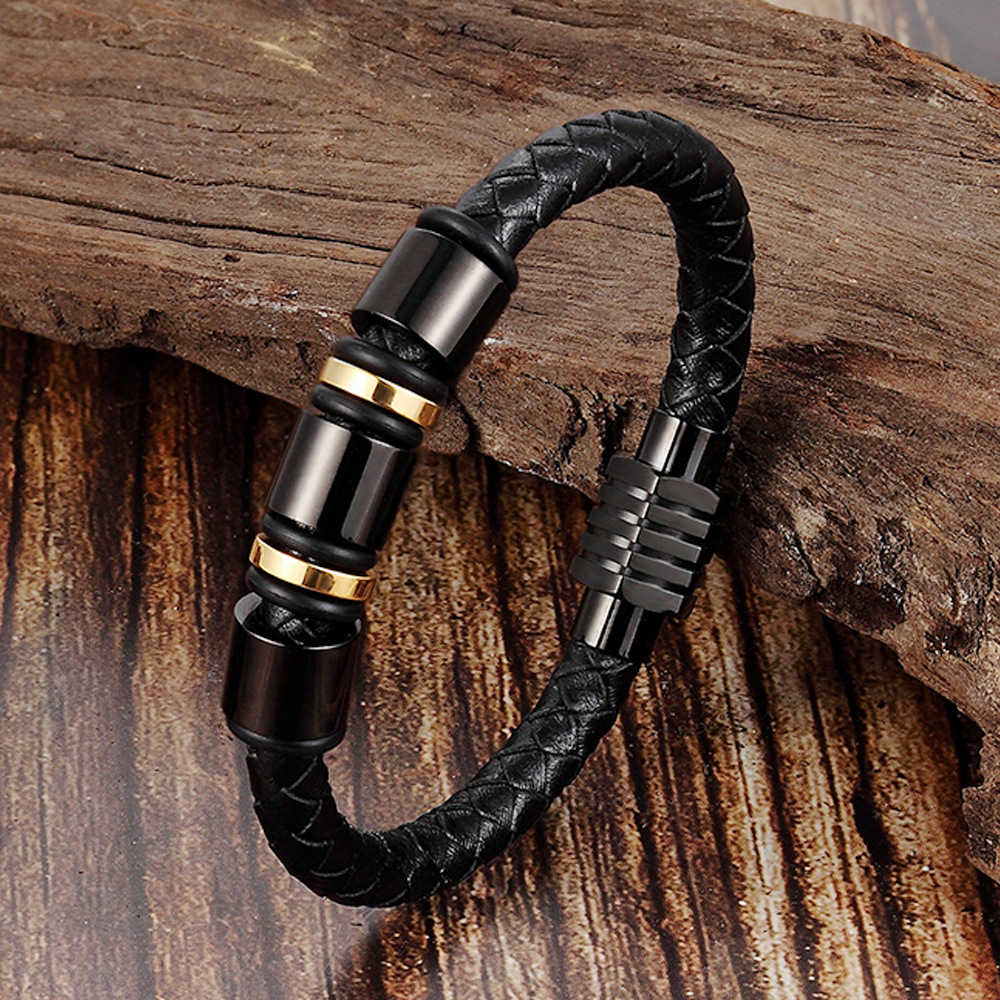 PSSZ-0009 Stainless Steel Leather Bracelet With Multiple Circular Balck Gold Rings