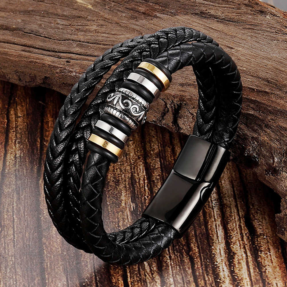 PSSZ-0010A Gold IP Stainless Steel Minimalist Pattern Satcking Multiple Leather Rope Bracelet 