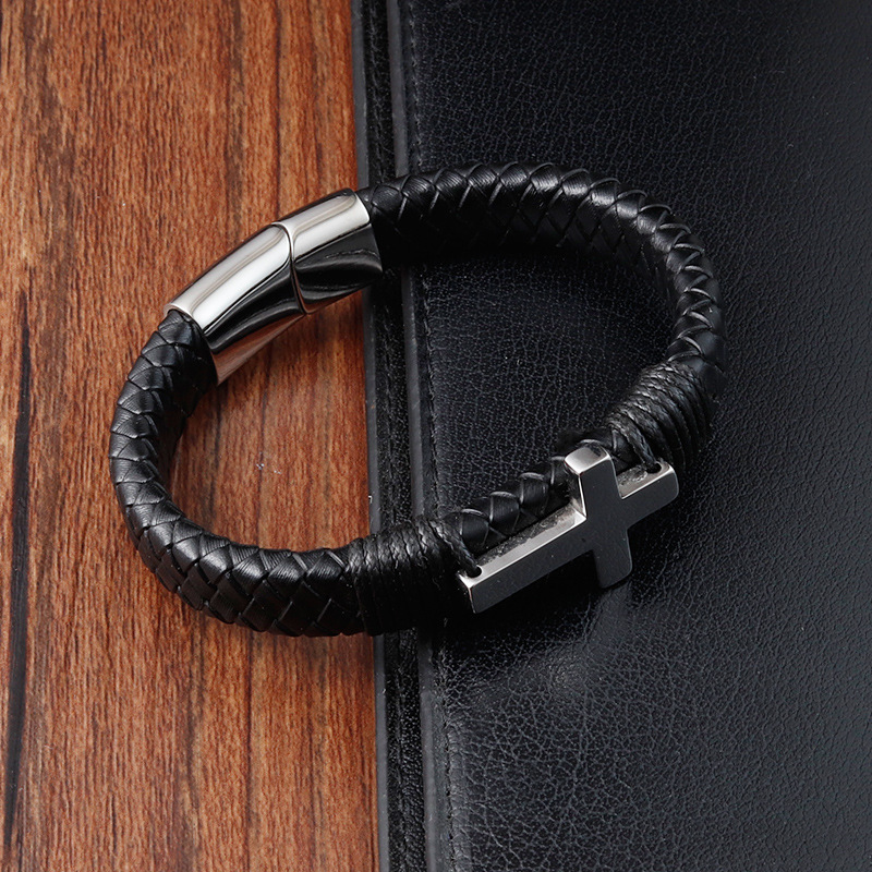PSSZ-0011A Stainless Steel Latin Roman Cross Black Leather Bracelet 