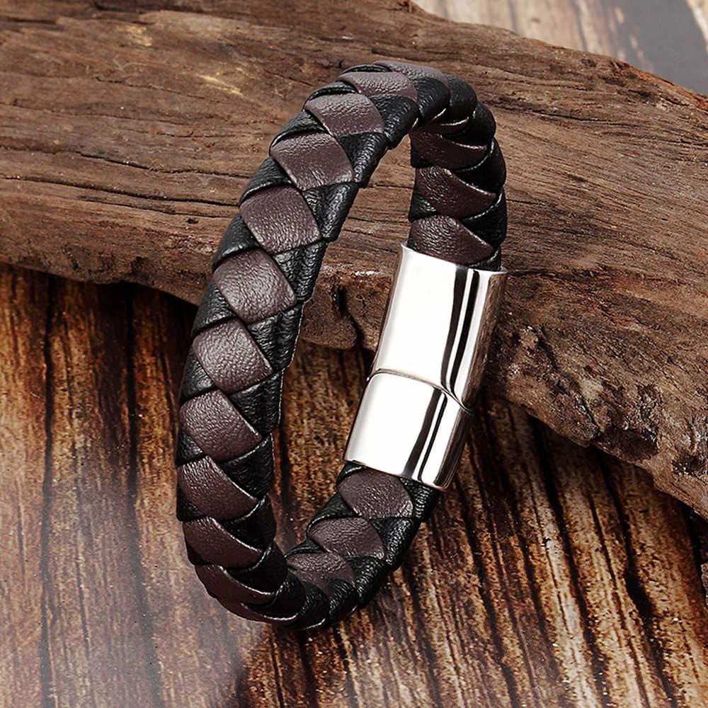 PSSZ-0013 Stainless Steel Minimalist Business Gentleman Chunky Flat Band Leather Bracelet