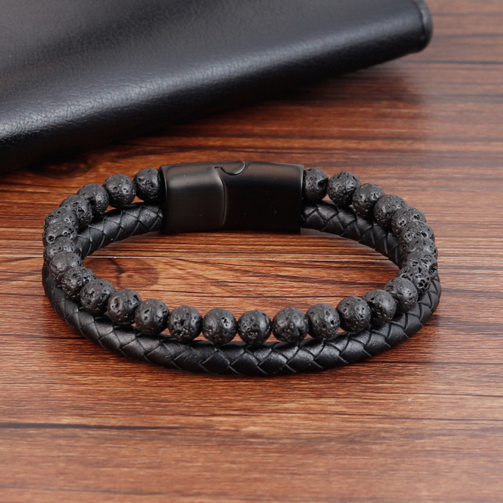 PSSZ-0016 Stacking Black Stainless Steel Minimalist Band Leather Bracelet with Lava Ston