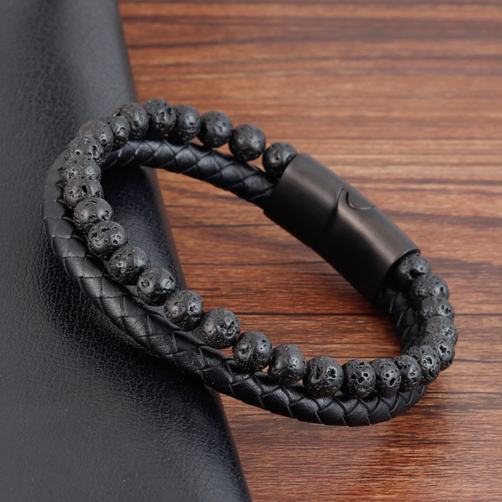 PSSZ-0016 Satcking Black Stainless Steel Minimalist Band Leather Bracelet with Lava Stone