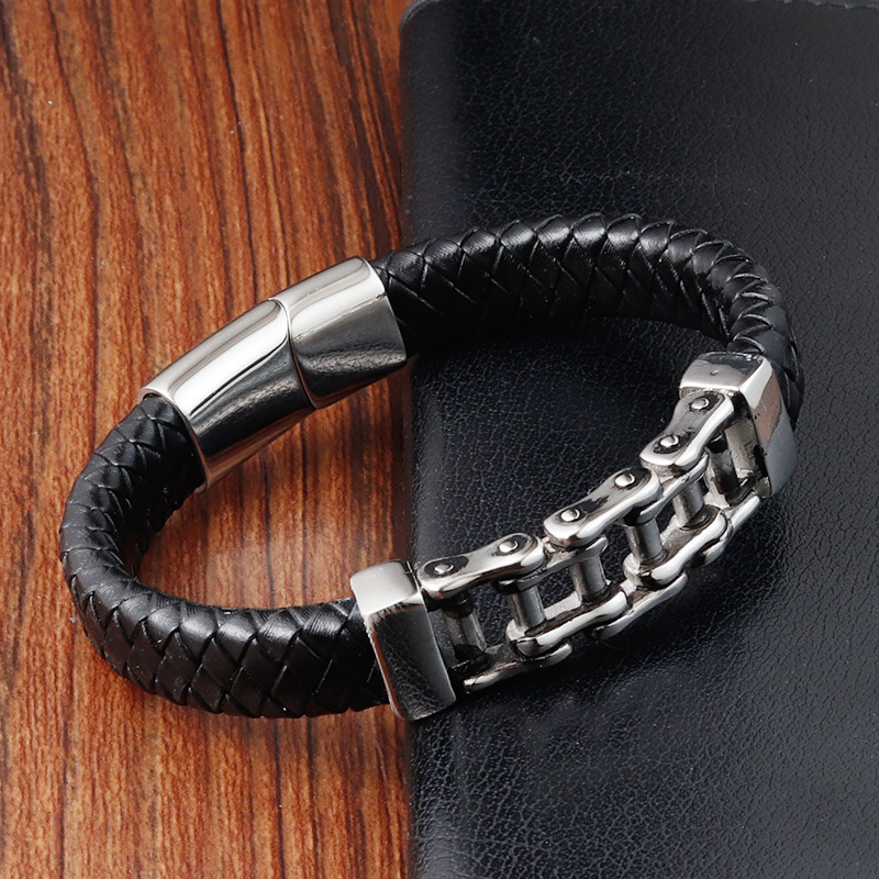 PSSZ-0017 Stainless Steel Half Biker Chain Half Leather Bracelet