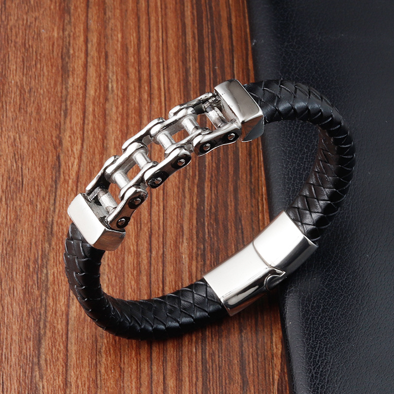 PSSZ-0017 Stainless Steel Half Biker Chain Half Leather Bracelet