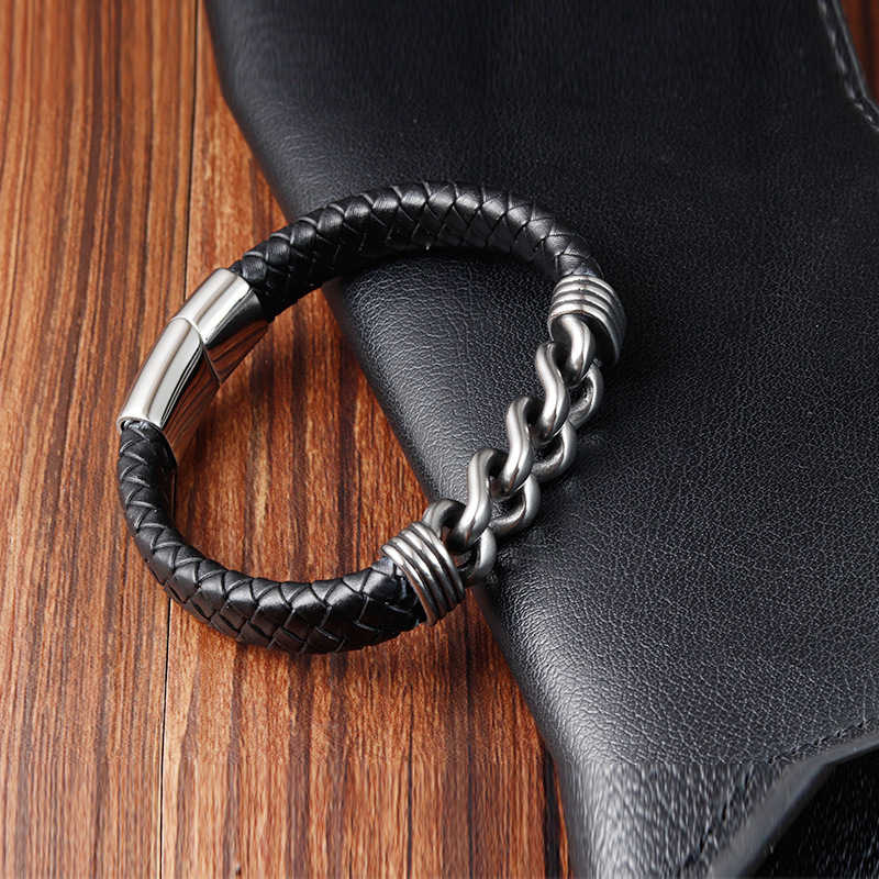 PSSZ-0018A Stainless Steel Half Curb Chain Half Leather Bracelet