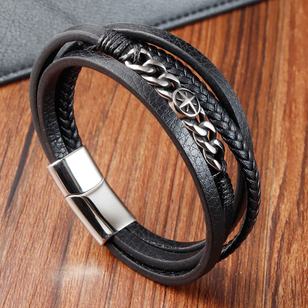 PSSZ-0015A Stainless Steel Eight Star Stacking Multiple Leather Rope Bracelet with Cuban Chain