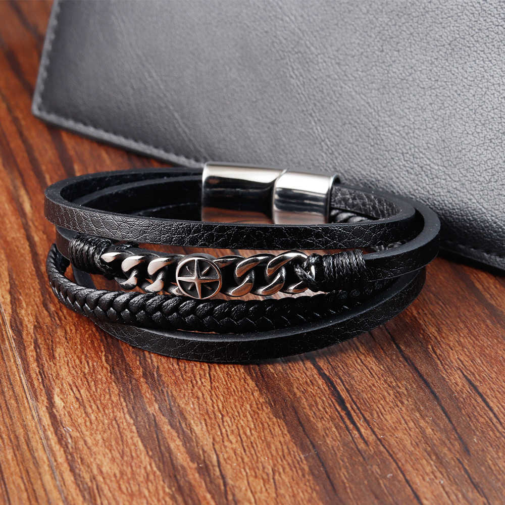 PSSZ-0015A Stainless Steel Eight Star Stacking Multiple Leather Rope Bracelet with Cuban Chain